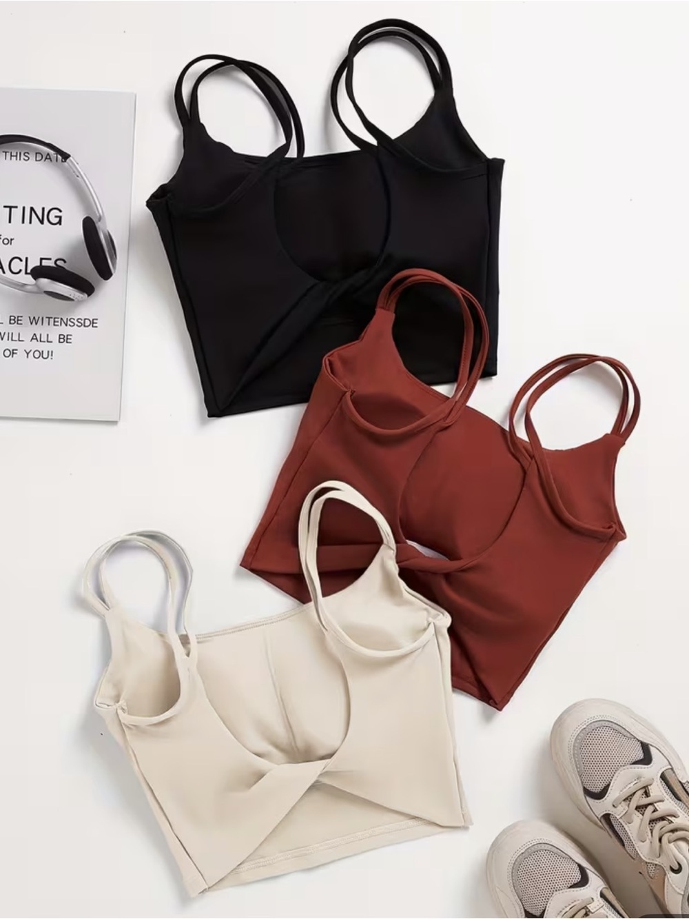 Women’s Twisted Back Hollow-Out Athletic Crop Top- Black, Rust, Cream NWOT